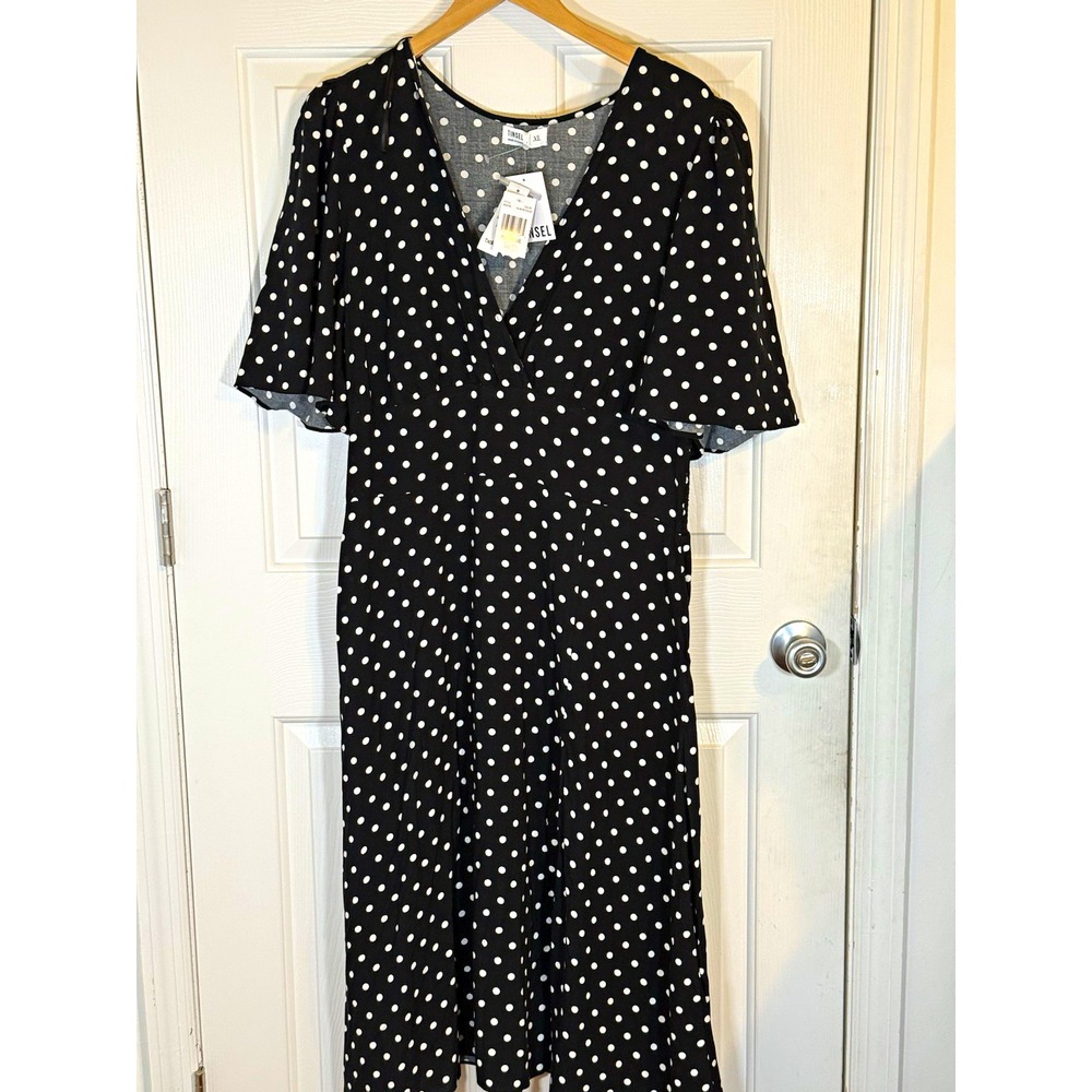 Tinsel Black White Polka Dot V-Neck Short Sleeve Rayon long dress XL NWT classy